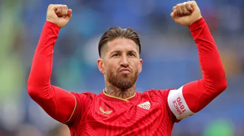 Sergio Ramos of Sevilla FC celebrates following the team's victory during the LaLiga EA Sports match between Getafe CF and Sevilla FC at Coliseum Alfonso Perez on March 30, 2024 in Getafe, Spain.