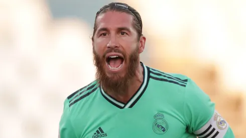 Sergio Ramos of Real Madrid celebrates his team's first goal during the Liga match between CD Leganes and Real Madrid CF at Estadio Municipal de Butarque on July 19, 2020 in Leganes, Spain.