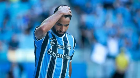 Pepe jogador do Gremio lamenta durante partida contra o Guarany de Bage no estadio Arena do Gremio pelo campeonato Gaucho 2024.