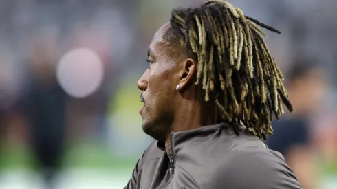 Carrillo jogador do Corinthians durante aquecimento antes da partida contra o Bahia no estadio Arena Corinthians pelo campeonato Brasileiro A 2024.