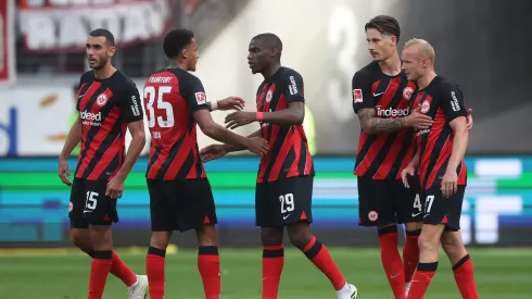FRANKFURT AM MAIN, GERMANY – SEPTEMBER 03: Ellyes Skhiri, Tuta, Niels Nkounkou and Robin Koch of Eintracht Frankfurt react after the Bundesliga match between Eintracht Frankfurt and 1. FC Köln at Deutsche Bank Park on September 03, 2023 in Frankfurt am Main, Germany. (Photo by Alex Grimm/Getty Images)