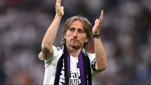 MADRID, SPAIN – MAY 24: Luka Modric of Real Madrid shows appreciation to the fans following his final appearance for Real Madrid after the LaLiga match between Real Madrid CF and Real Sociedad at Estadio Santiago Bernabeu on May 24, 2025 in Madrid, Spain. (Photo by Denis Doyle/Getty Images)