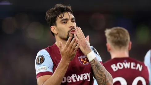 LONDON, ENGLAND – NOVEMBER 09: Lucas Paqueta of West Ham United celebrates after scoring the team's first goal during the UEFA Europa League 2023/24 match between West Ham United FC and Olympiacos FC at London Stadium on November 09, 2023 in London, England. (Photo by Catherine Ivill/Getty Images)
