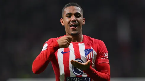 MADRID, SPAIN – JANUARY 18: Samuel Lino of Atletico Madrid celebrates scoring his team's first goal during the Copa del Rey Round of 16 match between Atletico Madrid and Real Madrid CF at Civitas Metropolitano Stadium on January 18, 2024 in Madrid, Spain. (Photo by David Ramos/Getty Images)