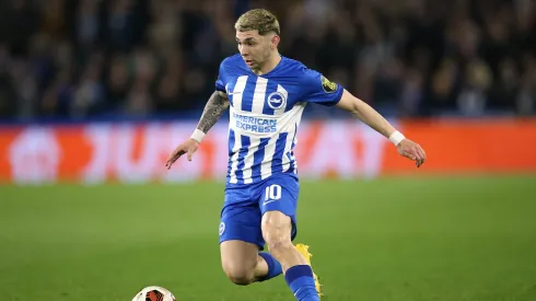 Julio Enciso of Brighton & Hove Albion runs with the ball during the UEFA Europa League 2023/24 round of 16 second leg match between Brighton & Hove Albion and AS Roma at on March 14, 2024 in Brighton, England.