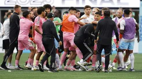 SEATTLE, WASHINGTON – AUGUST 31: Players of Seattle Sounders FC and Inter Miami CF fight after the Leagues Cup Final match between Seattle Sounders and Inter Miami CF at Lumen Field on August 31, 2025 in Seattle, Washington. (Photo by Alika Jenner/Getty Images)