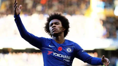 Willian of Chelsea reacts during the Premier League match between Chelsea FC and Everton FC at Stamford Bridge on November 11, 2018 in London, United Kingdom.