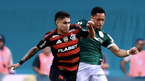 Vitor Roque jogador do Palmeiras disputa lance com Luís Araújo jogador do Flamengo durante partida no estádio Arena Allianz Parque pelo campeonato Brasileiro A 2025. Foto: Marcello Zambrana/AGIF
