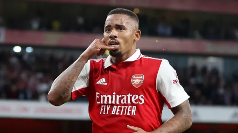 Gabriel Jesus of Arsenal celebrates scoring their side's first goal during the Premier League match between Arsenal FC and Aston Villa at Emirates Stadium on August 31, 2022 in London, England. (Photo by Catherine Ivill/Getty Images)