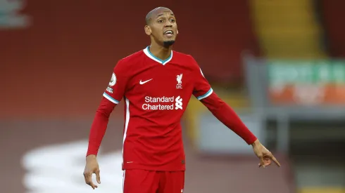 Fabinho of Liverpool reacts during the Premier League match between Liverpool and Leeds United at Anfield on September 12, 2020 in Liverpool, England.