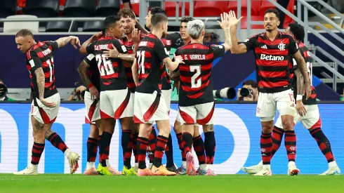 Leo Pereira of CR Flamengo celebrates scoring his team's first goal with teammates during the FIFA Challenger Cup 2025 match between CR Flamengo and Pyramids FC at Ahmad Bin Ali Stadium on December 13, 2025 in Doha, Qatar. (Photo by Getty Images/Getty Images)