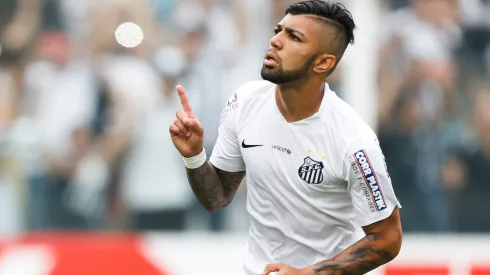 Gabriel of Santos celebrates their second goal during the match between Santos and Internacional for the Brazilian Series A 2015 at Vila Belmiro stadium on September 27, 2015 in Santos, Brazil.