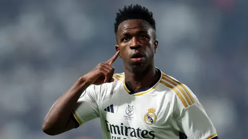 RIYADH, SAUDI ARABIA – JANUARY 14: Vinicius Junior of Real Madrid celebrates after scoring their team's first goal during the Super Copa de España Final match between Real Madrid and FC Barcelona on January 14, 2024 in Riyadh, Saudi Arabia. (Photo by Yasser Bakhsh/Getty Images)