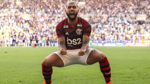 Flamengo celebrates a scored goal by teammate Willian Arao (not in frame) during a match between Flamengo and Vasco da Gama, as part of Rio State Championship Final 2 at Maracana Stadium on April 21, 2019 in Rio de Janeiro, Brazil.