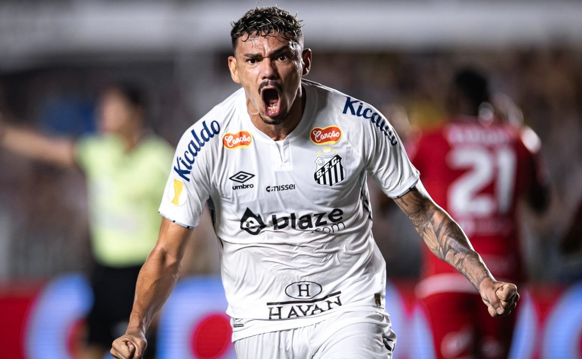 Tiquinho Soares comemora após marcar na vitória do Santos: “Vivo de gols”