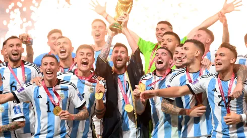 LUSAIL CITY, QATAR - DECEMBER 18: Lionel Messi of Argentina lifts the FIFA World Cup Qatar 2022 Winner's Trophy following the FIFA World Cup Qatar 2022 Final match between Argentina and France at Lusail Stadium on December 18, 2022 in Lusail City, Qatar. (Photo by Dan Mullan/Getty Images)