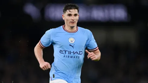 MANCHESTER, ENGLAND - MARCH 18: Julian Alvarez of Manchester City looks on during the Emirates FA Cup Quarter Final match between Manchester City and Burnley at Etihad Stadium on March 18, 2023 in Manchester, England. (Photo by Michael Regan/Getty Images)