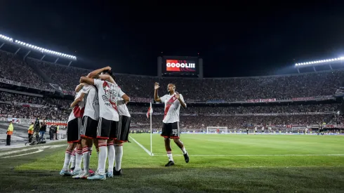 BUENOS AIRES, ARGENTINA - FEBRUARY 12: Esequiel Barco of River Plate celebrates with teammates after scoring the second goal of his team during a match between River Plate and Argentinos Juniors as part of Liga Profesional 2023 at Estadio Mas Monumental Antonio Vespucio Liberti on February 12, 2023 in Buenos Aires, Argentina. (Photo by Marcelo Endelli/Getty Images)