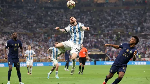 controls the ball on his head during the FIFA World Cup Qatar 2022 Final match between Argentina and France at Lusail Stadium on December 18, 2022 in Lusail City, Qatar. (Photo by Julian Finney/Getty Images)