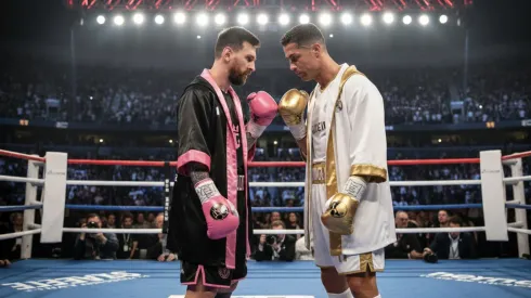 Messi y Ronaldo enfrentándose en un combate de boxeo.