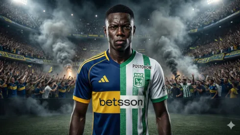 Marino Hinestroza con la camiseta dividida entre Boca y Atlético Nacional.