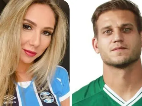Rafael Moura cutuca Carol Portaluppi antes de Grêmio x Goiás