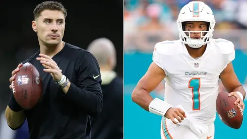 Ian Book tenta comandar um desfalcado Saints contra os Dolphins de Tua Tagovailoa no Superdome (Getty Images)