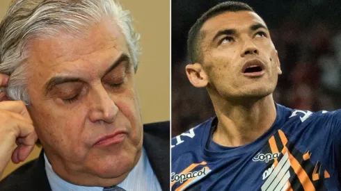 Fotos: Heuler Andrey/AGIF e Robson Mafra/AGIF - Petraglia e Santos: dirigente do Athletico se manifestou sobre goleiro, alvo do Fla no mercado