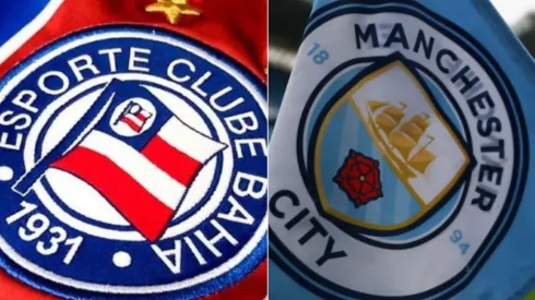 Foto: Bahia/Divulgação; Matthew Lewis/Getty Images - Escudo do Bahia e bandeira do Manchester City