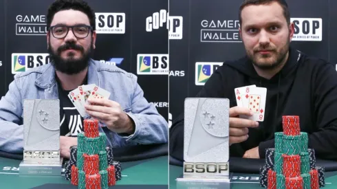 João Bauer e o russo Ilyas Aliev receberam troféus de campeão do BSOP (Foto: Rafael Terra/BSOP)