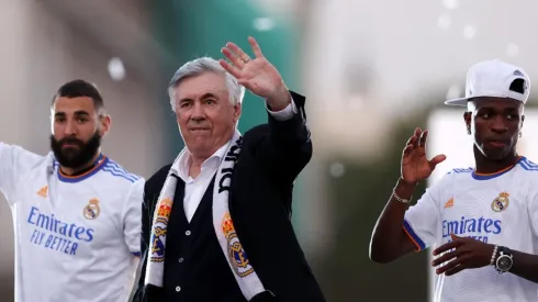 Foto: Gonzalo Arroyo Moreno/Getty Images - Benzema, Ancelotti e Vinícius Júnior