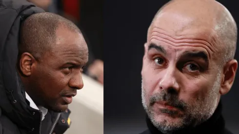 Foto: Patrick Vieira, treinador do Crystal Palace - Por: Ryan Pierse/Getty Images; Foto 2: Pep Guardiola, técnico do Manchester City - Por: Martin Rose/Getty Images