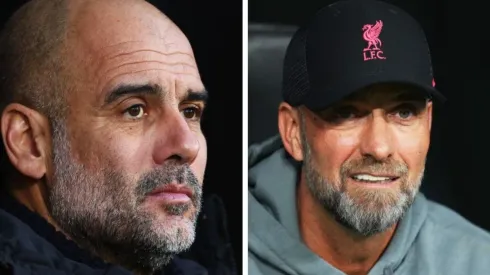 Foto 1: Pep Guardiola, técnico do Manchester City - Por: Clive Rose/Getty Images; Foto 2: Jurgen Klopp, treinador do Liverpool - Por: Angel Martinez/Getty Images