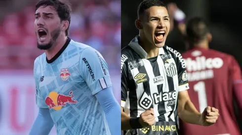 Cleiton pelo Red Bull Bragantino. Foto: Ettore Chiereguini/AGIF. Deivid Washington pelo Santos. Foto: Jorge Rodrigues/AGIF