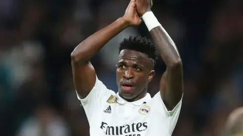 MADRID, SPAIN - APRIL 22: Vinicius Junior of Real Madrid applauds the fans after the LaLiga Santander match between Real Madrid CF and RC Celta at Estadio Santiago Bernabeu on April 22, 2023 in Madrid, Spain. (Photo by Florencia Tan Jun/Getty Images)