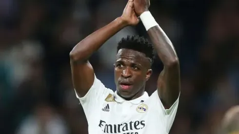 MADRID, SPAIN – APRIL 22: Vinicius Junior of Real Madrid applauds the fans after the LaLiga Santander match between Real Madrid CF and RC Celta at Estadio Santiago Bernabeu on April 22, 2023 in Madrid, Spain. (Photo by Florencia Tan Jun/Getty Images)
