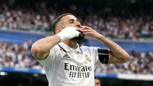 MADRID, SPAIN - JUNE 04: Karim Benzema of Real Madrid celebrates after scoring the team's first goal from a penalty kick during the LaLiga Santander match between Real Madrid CF and Athletic Club at Estadio Santiago Bernabeu on June 04, 2023 in Madrid, Spain.