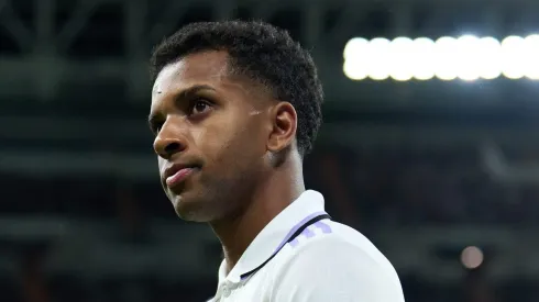MADRID, SPAIN - APRIL 12: Rodrygo Goes of Real Madrid applauds the fans during the UEFA Champions League quarterfinal first leg match between Real Madrid and Chelsea FC at Estadio Santiago Bernabeu on April 12, 2023 in Madrid, Spain. (Photo by Angel Martinez/Getty Images)