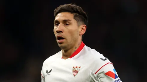 MANCHESTER, ENGLAND - APRIL 13: Gonzalo Montiel of Sevilla during the UEFA Europa League quarterfinal first leg match between Manchester United and Sevilla FC at Old Trafford on April 13, 2023 in Manchester, England. (Photo by Catherine Ivill/Getty Images)