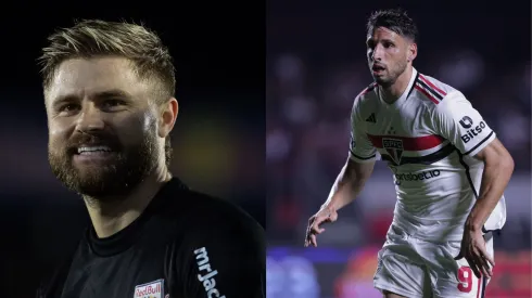 Foto: Diogo Reis/AGIF- Eduardo Sasha pelo Red Bull Bragantino. Foto: Ettore Chiereguini/AGIF- Calleri pelo São Paulo