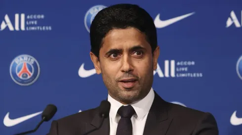 PARIS, FRANCE - AUGUST 11: President Nasser Al Khelaifi answers journalists during a conference of Paris Saint-Germain at Parc des Princes on August 11, 2021 in Paris, France. (Photo by Sebastien Muylaert/Getty Images)