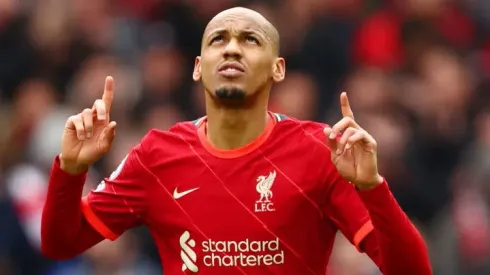 LIVERPOOL, ENGLAND – APRIL 02: Fabinho of Liverpool celebrates after scoring their team's second goal from the penalty spo during the Premier League match between Liverpool and Watford at Anfield on April 02, 2022 in Liverpool, England. (Photo by Clive Brunskill/Getty Images)