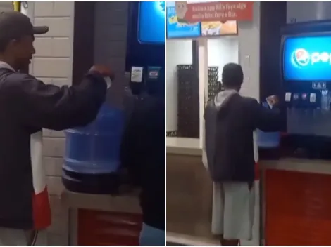 Homem tenta encher galão de 20 litros em máquina de refrigerante do Burguer King
