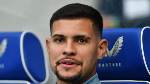 GLASGOW, SCOTLAND - JULY 18: Bruno Guimaraes of Newcastle United looks on from the bench during the pre-season friendly match between Rangers and Newcastle at Ibrox Stadium on July 18, 2023 in Glasgow, Scotland. (Photo by Mark Runnacles/Getty Images)