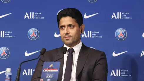 PARIS, FRANCE - AUGUST 11: Lionel Messi answers journalists with President Nasser Al Khelaifi during a conference of Paris Saint-Germain at Parc des Princes on August 11, 2021 in Paris, France. (Photo by Sebastien Muylaert/Getty Images)