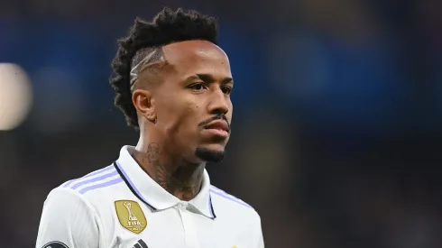 LONDON, ENGLAND - APRIL 18: Eder Militao of Real Madrid looks on during the UEFA Champions League quarterfinal second leg match between Chelsea FC and Real Madrid at Stamford Bridge on April 18, 2023 in London, England. (Photo by Michael Regan/Getty Images)