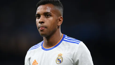MADRID, SPAIN - MAY 04: Rodrygo Goes of Real Madrid looks on during the UEFA Champions League Semi Final Leg Two match between Real Madrid and Manchester City at Estadio Santiago Bernabeu on May 04, 2022 in Madrid, Spain. (Photo by Michael Regan/Getty Images)