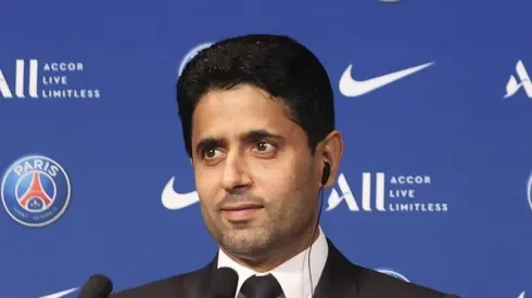 PARIS, FRANCE - AUGUST 11: Lionel Messi answers journalists with President Nasser Al Khelaifi during a conference of Paris Saint-Germain at Parc des Princes on August 11, 2021 in Paris, France. (Photo by Sebastien Muylaert/Getty Images)