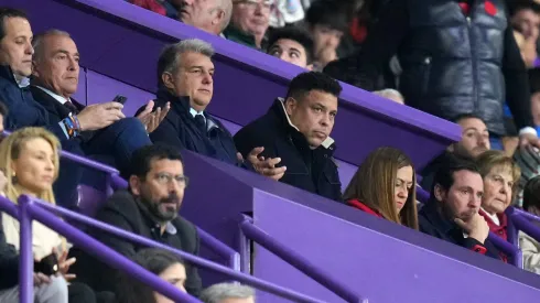 VALLADOLID, SPAIN - MAY 23: Joan Laporta, President of FC Barcelona and Ronaldo Nazario, owner of Real Valladolid CF look on from the stands during the LaLiga Santander match between Real Valladolid CF and FC Barcelona at Estadio Municipal Jose Zorrilla on May 23, 2023 in Valladolid, Spain. (Photo by Angel Martinez/Getty Images)