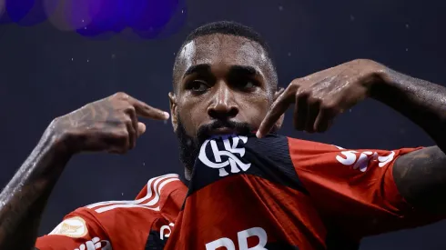Gerson jogador do Flamengo comemora seu gol durante partida contra o Corinthians no estadio Arena Corinthians pelo campeonato Brasileiro A 2023. Marcello Zambrana/AGIF